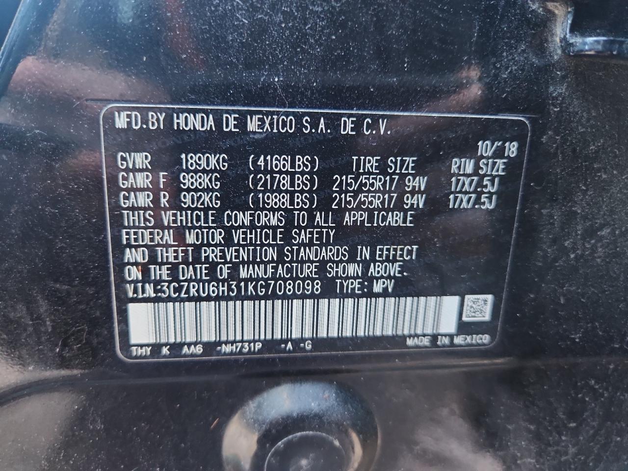 2019 Honda Hr-V Lx VIN: 3CZRU6H31KG708098 Lot: 91070395