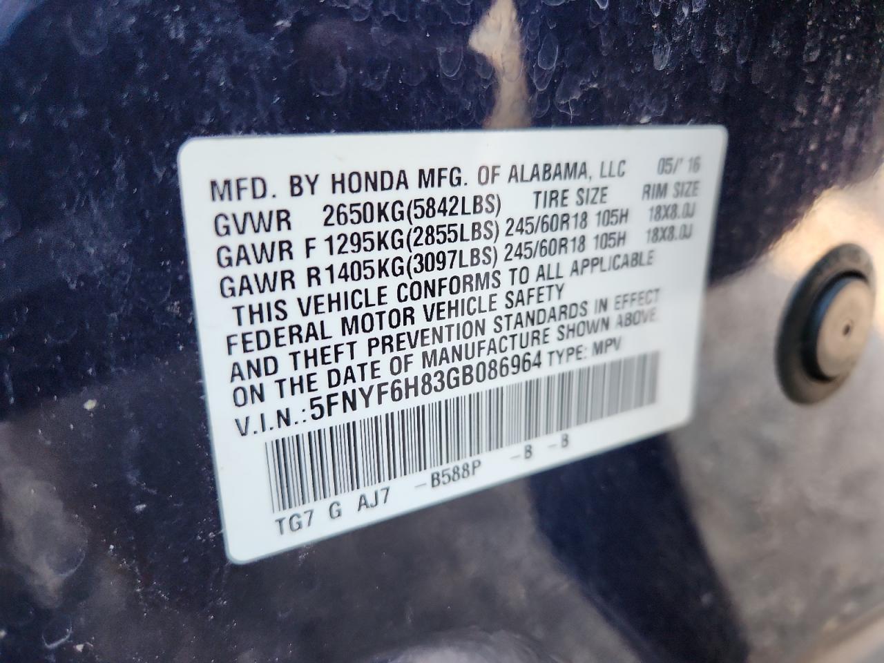 2016 Honda Pilot Exl VIN: 5FNYF6H83GB086964 Lot: 92643255