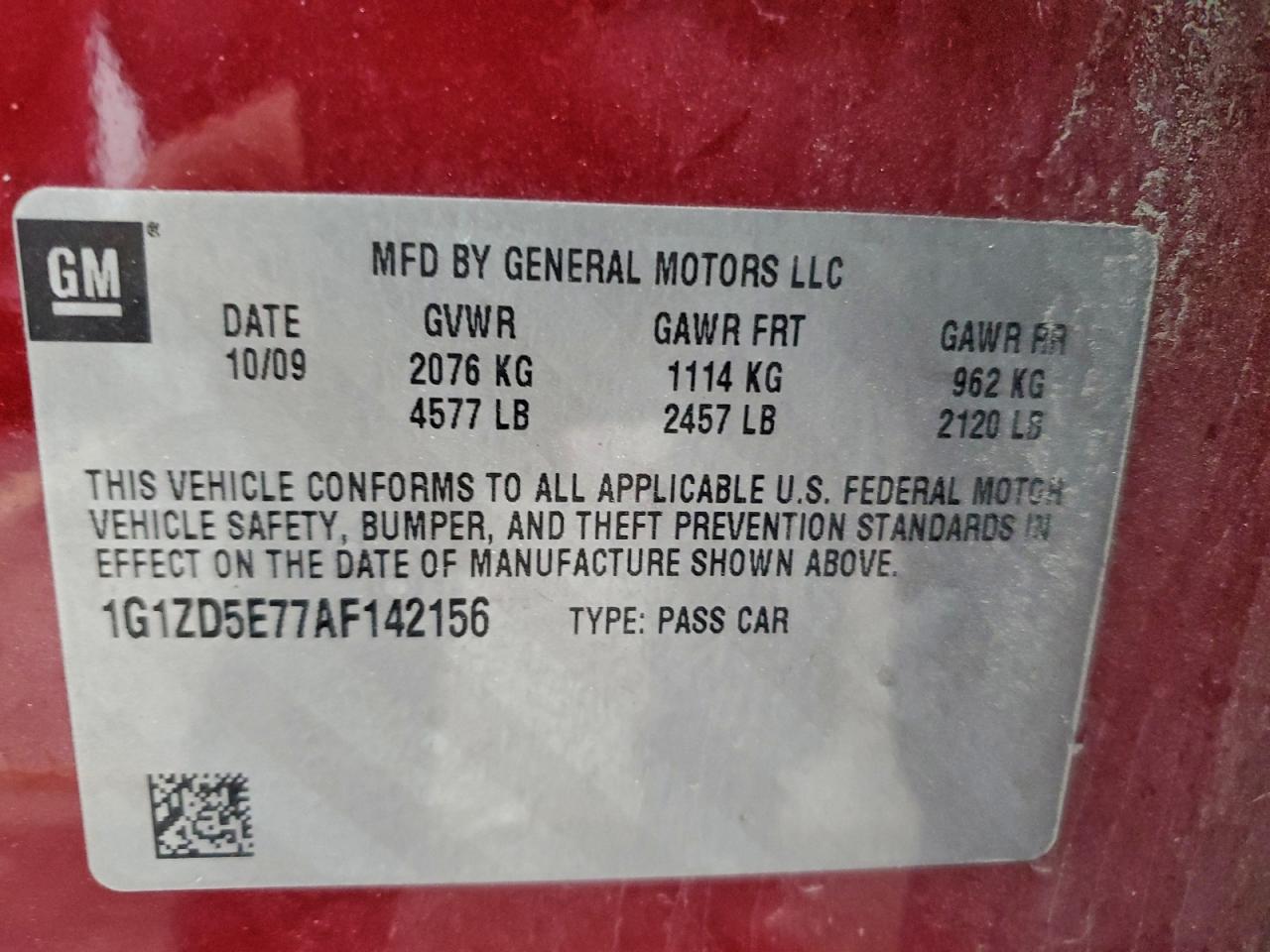 2010 Chevrolet Malibu 2Lt VIN: 1G1ZD5E77AF142156 Lot: 94036235