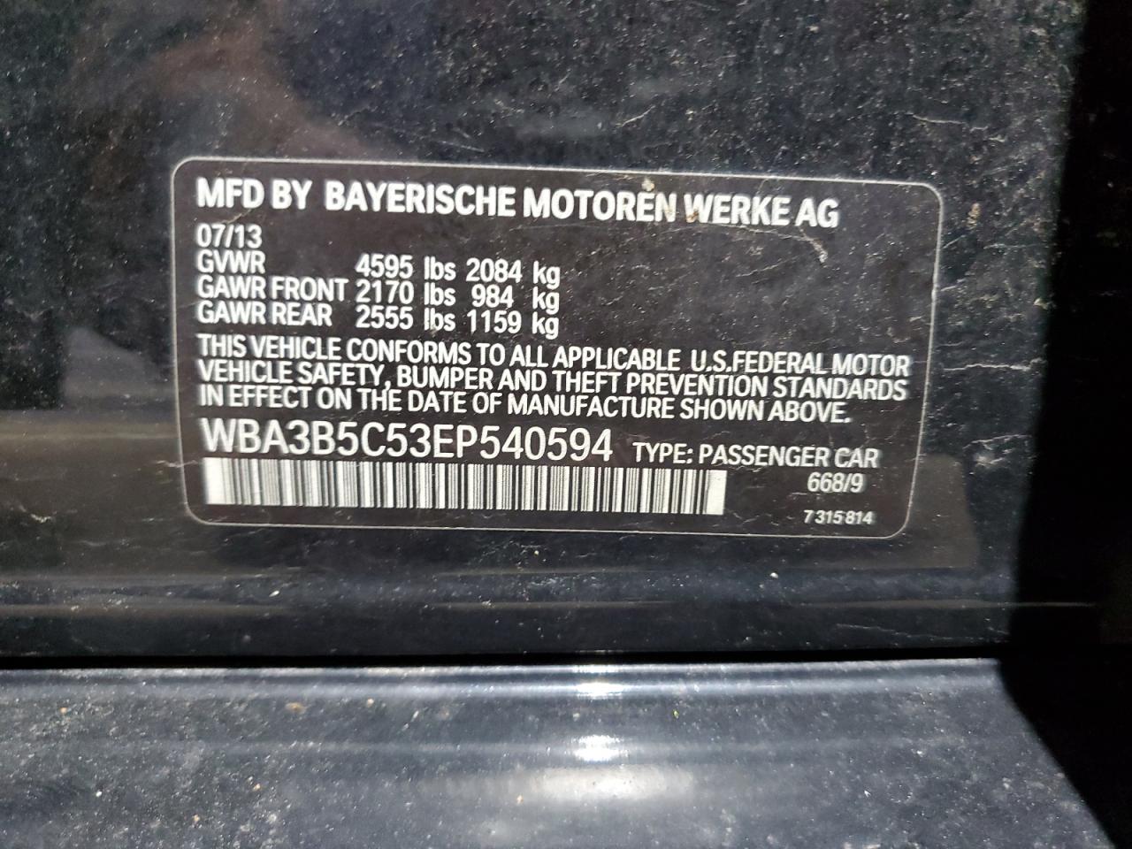 2014 BMW 328 Xi Sulev VIN: WBA3B5C53EP540594 Lot: 93404895