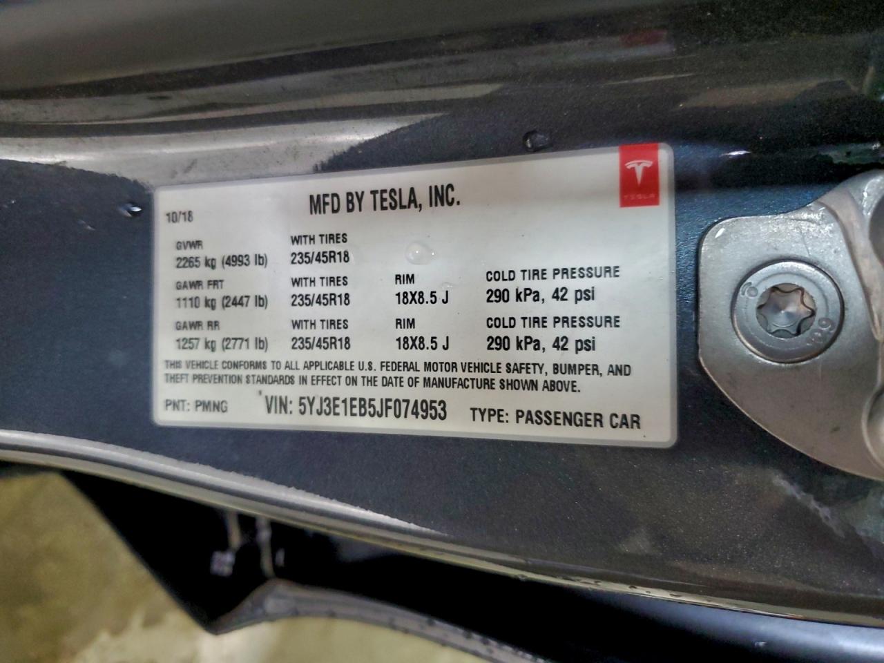 2018 Tesla Model 3 VIN: 5YJ3E1EB5JF074953 Lot: 94167505