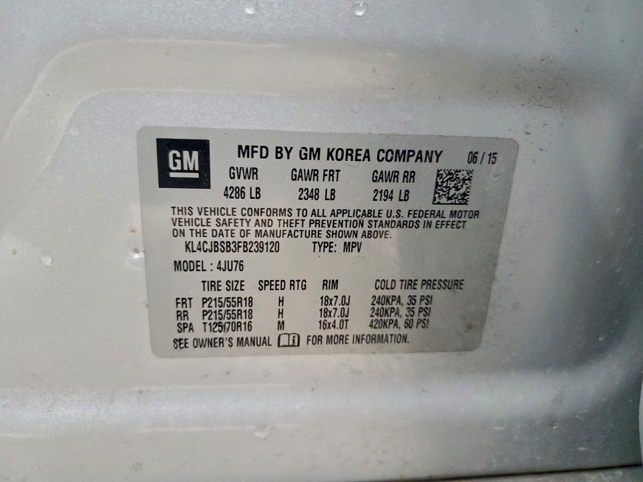 2015 Buick Encore Convenience VIN: KL4CJBSB3FB239120 Lot: 93732005