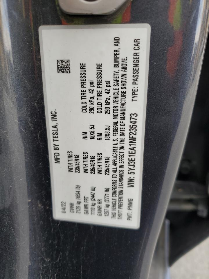 2022 Tesla Model 3 VIN: 5YJ3E1EA1NF235473 Lot: 93471585