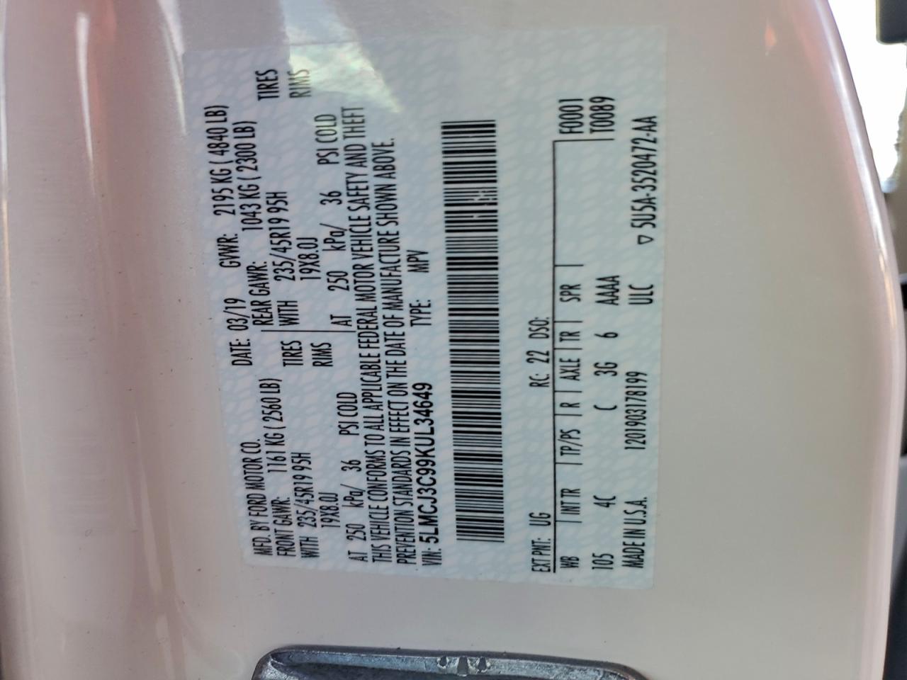 2019 Lincoln Mkc Reserve VIN: 5LMCJ3C99KUL34649 Lot: 94726475