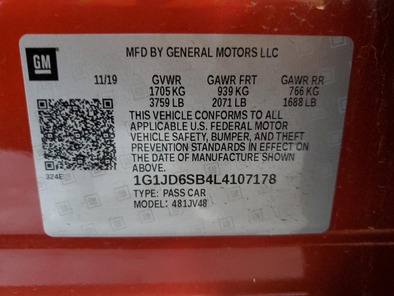 2020 Chevrolet Sonic Lt VIN: 1G1JD6SB4L4107178 Lot: 92500475