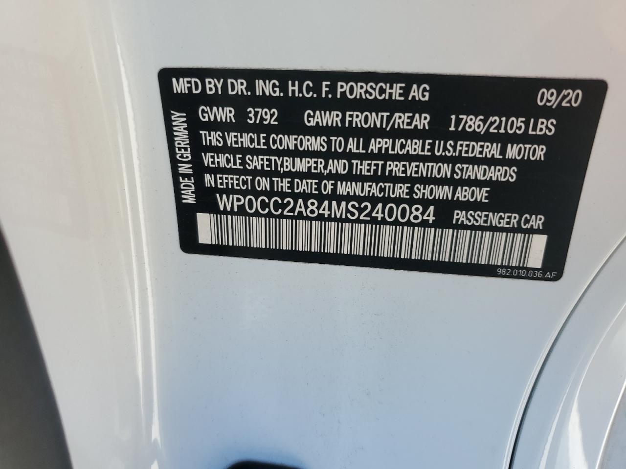 2021 Porsche Boxster Spyder VIN: WP0CC2A84MS240084 Lot: 90857735