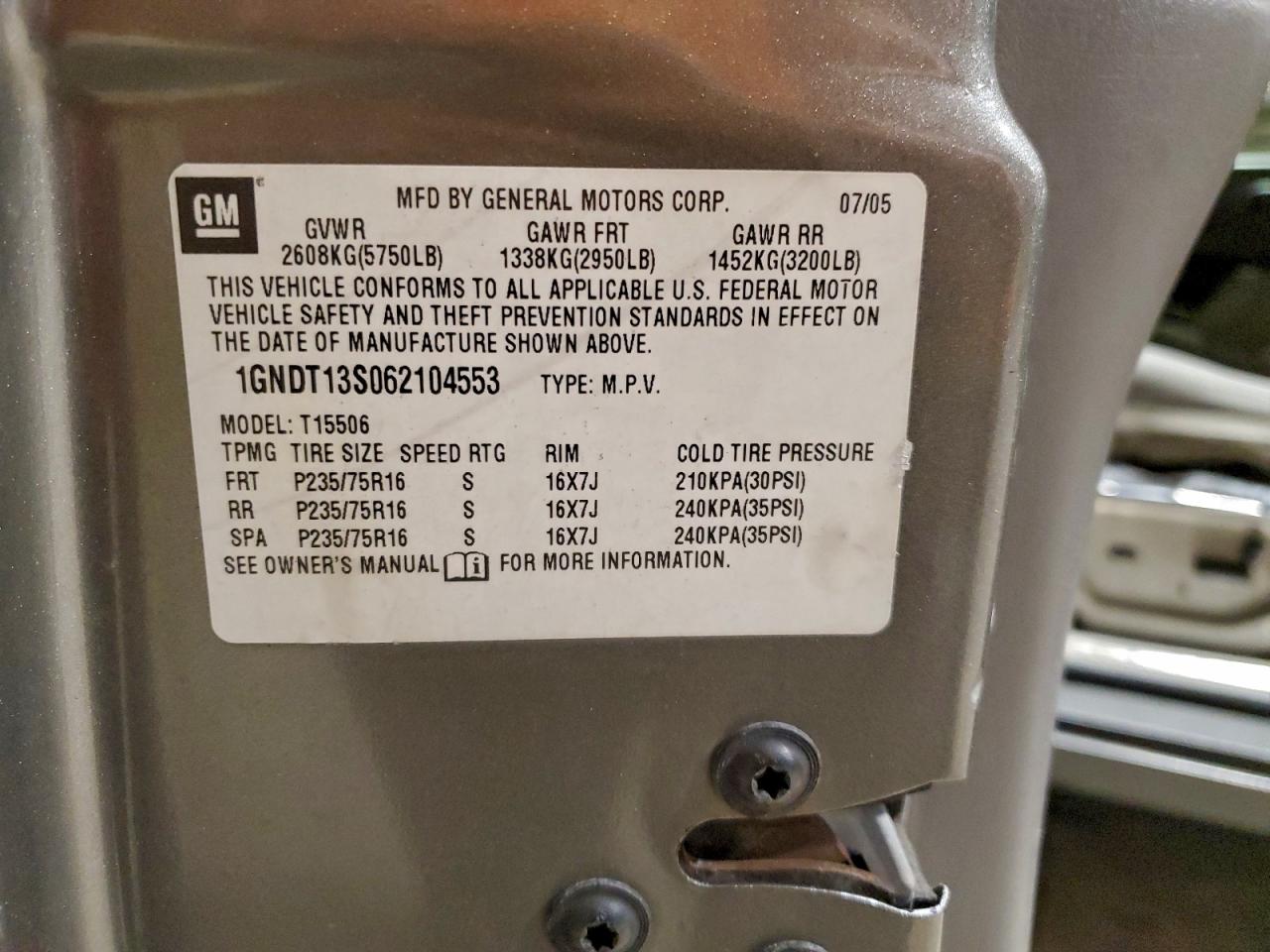 2006 Chevrolet Trailblazer Ls VIN: 1GNDT13S062104553 Lot: 93294415