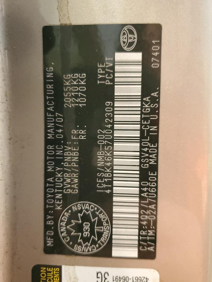 2007 Toyota Camry Le VIN: 4T1BK46K57U042309 Lot: 92748365