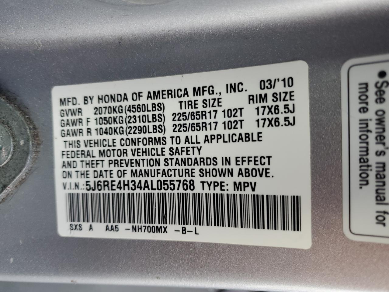 2010 Honda Cr-V Lx VIN: 5J6RE4H34AL055768 Lot: 91771975