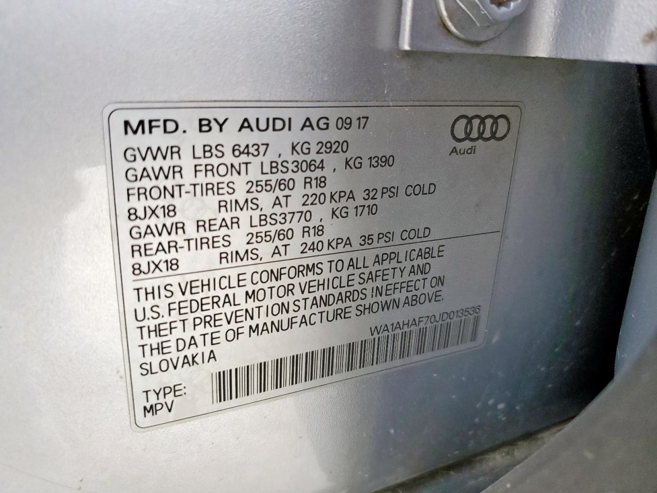 2018 Audi Q7 Premium VIN: WA1AHAF70JD013536 Lot: 92662895