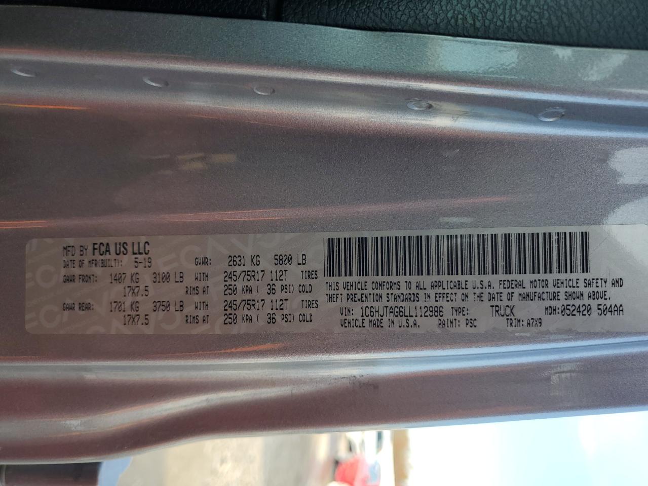 2020 Jeep Gladiator Sport VIN: 1C6HJTAG6LL112986 Lot: 91186915