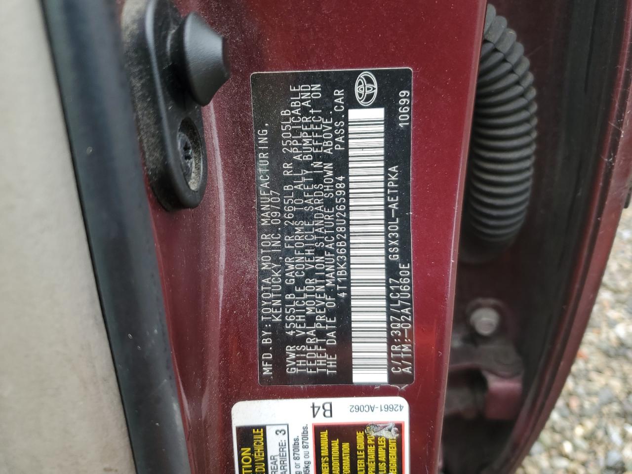 2008 Toyota Avalon Xl VIN: 4T1BK36B28U265984 Lot: 91620285