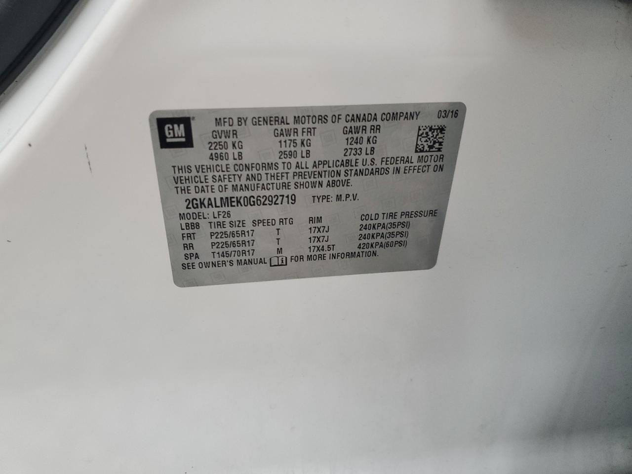 2016 GMC Terrain Sle VIN: 2GKALMEK0G6292719 Lot: 87454135