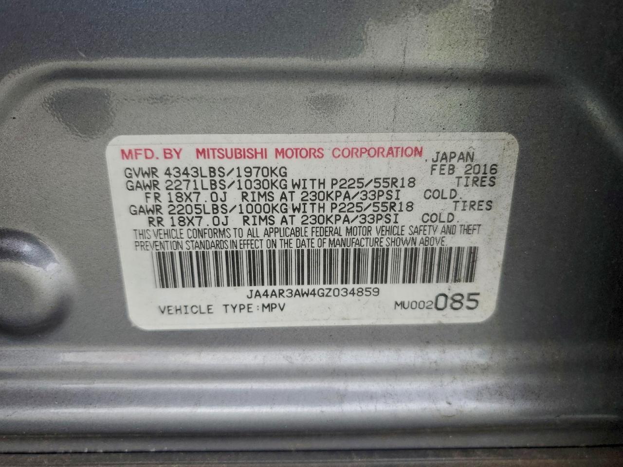 2016 Mitsubishi Outlander Sport Es VIN: JA4AR3AW4GZ034859 Lot: 93246885