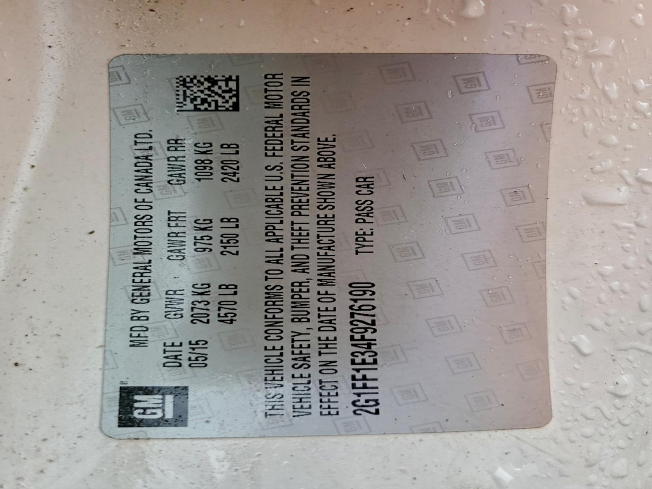 2015 Chevrolet Camaro Lt VIN: 2G1FF1E34F9276190 Lot: 93876745