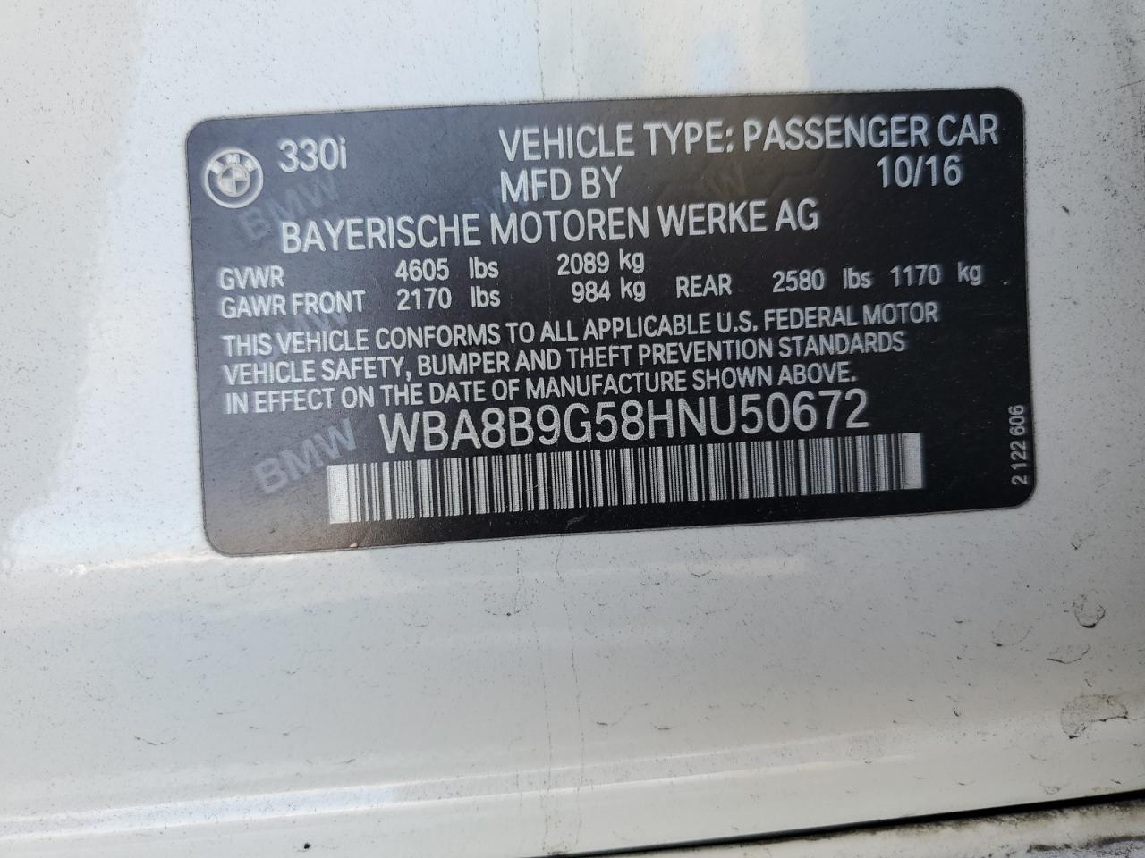 2017 BMW 330 I VIN: WBA8B9G58HNU50672 Lot: 92118525