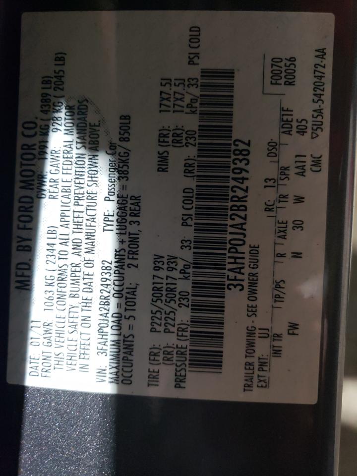 2011 Ford Fusion Sel VIN: 3FAHP0JA2BR249382 Lot: 93458155