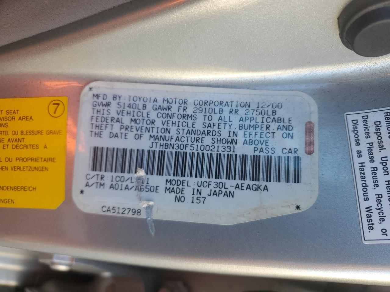 2001 Lexus Ls 430 VIN: JTHBN30F510021331 Lot: 92661545