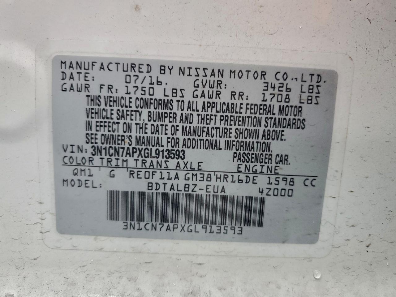 2016 Nissan Versa S VIN: 3N1CN7APXGL913593 Lot: 94297215