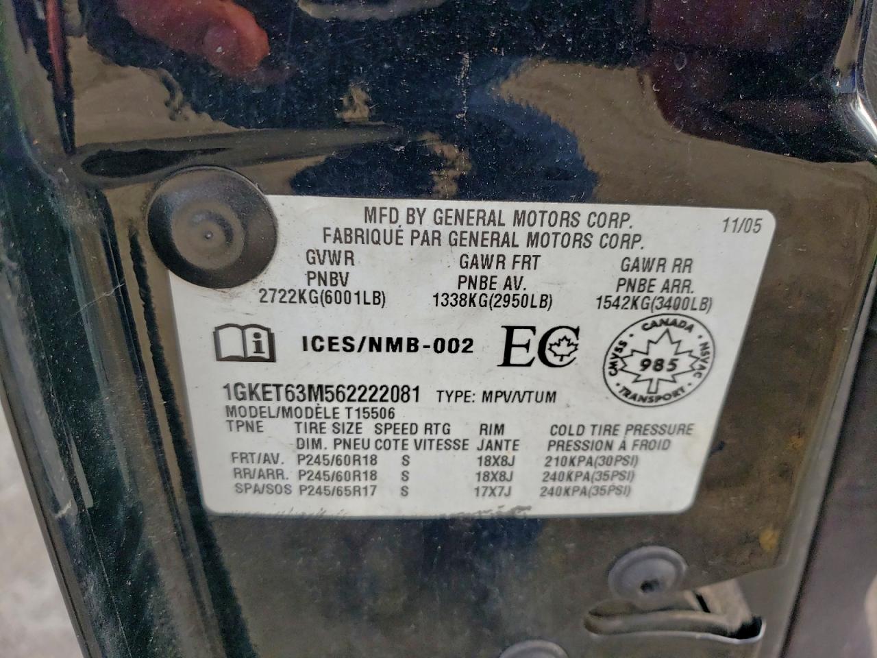 2006 GMC Envoy Denali VIN: 1GKET63M562222081 Lot: 91281095