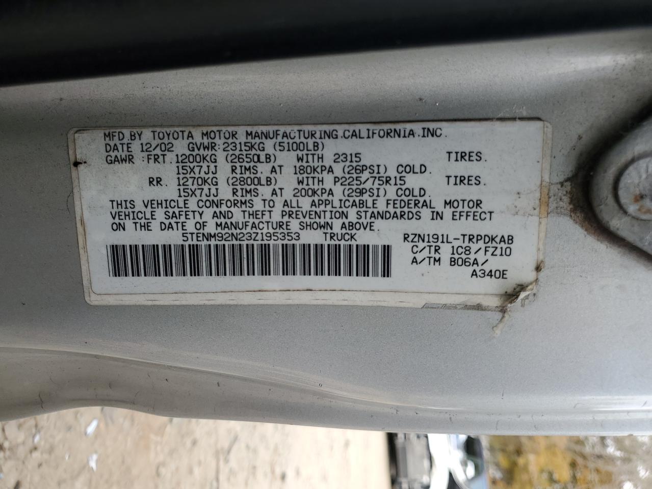 2003 Toyota Tacoma Prerunner VIN: 5TENM92N23Z195353 Lot: 92404805