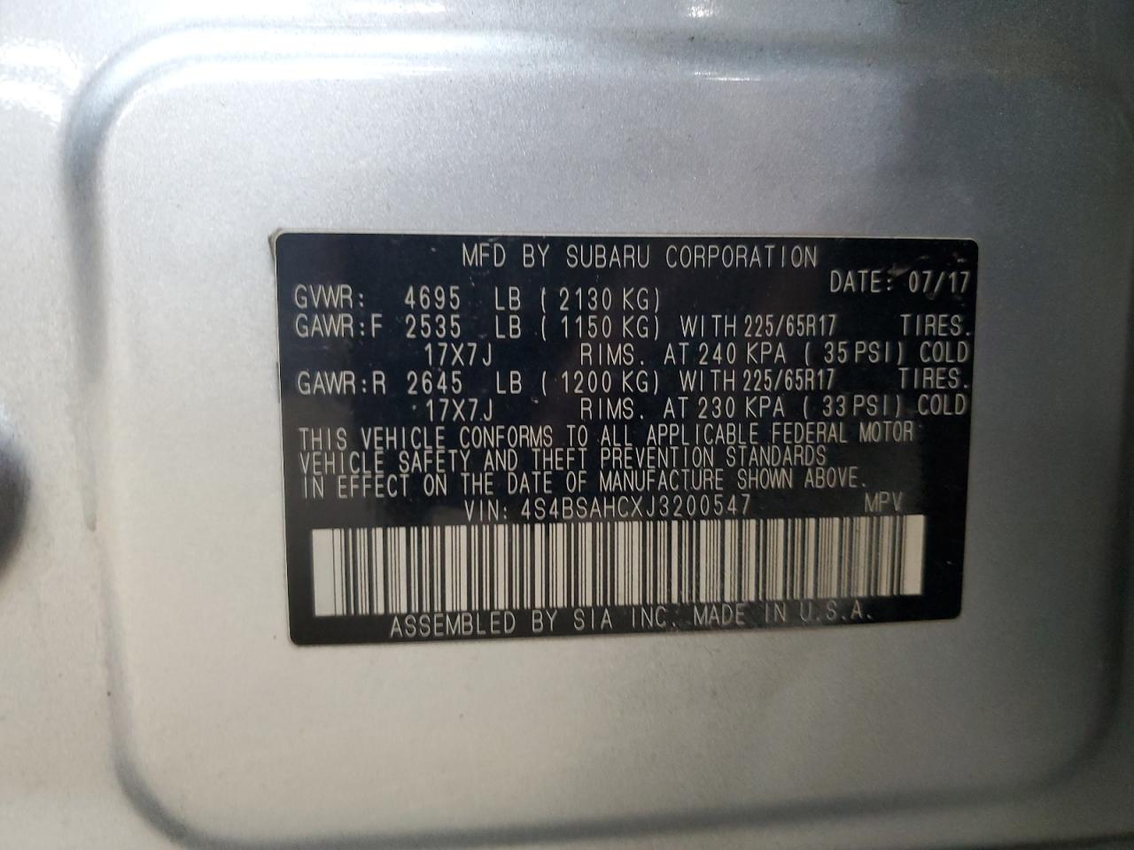 2018 Subaru Outback 2.5I Premium VIN: 4S4BSAHCXJ3200547 Lot: 92164045