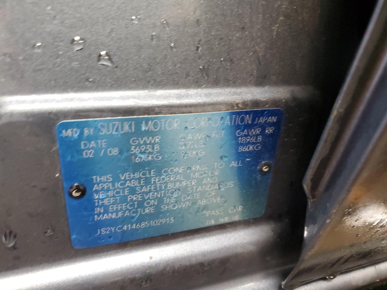 2008 Suzuki Sx4 VIN: JS2YC414685102913 Lot: 92651575
