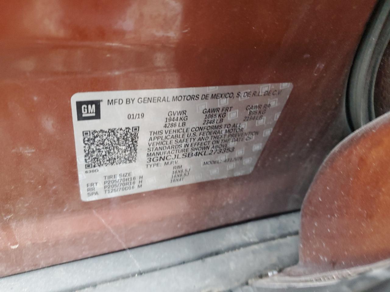 2019 Chevrolet Trax 1Lt VIN: 3GNCJLSB4KL273353 Lot: 93321735