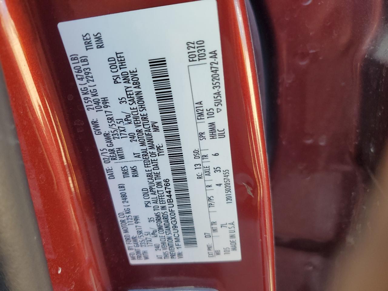 2015 Ford Escape Se VIN: 1FMCU9GX0FUB44766 Lot: 91781995