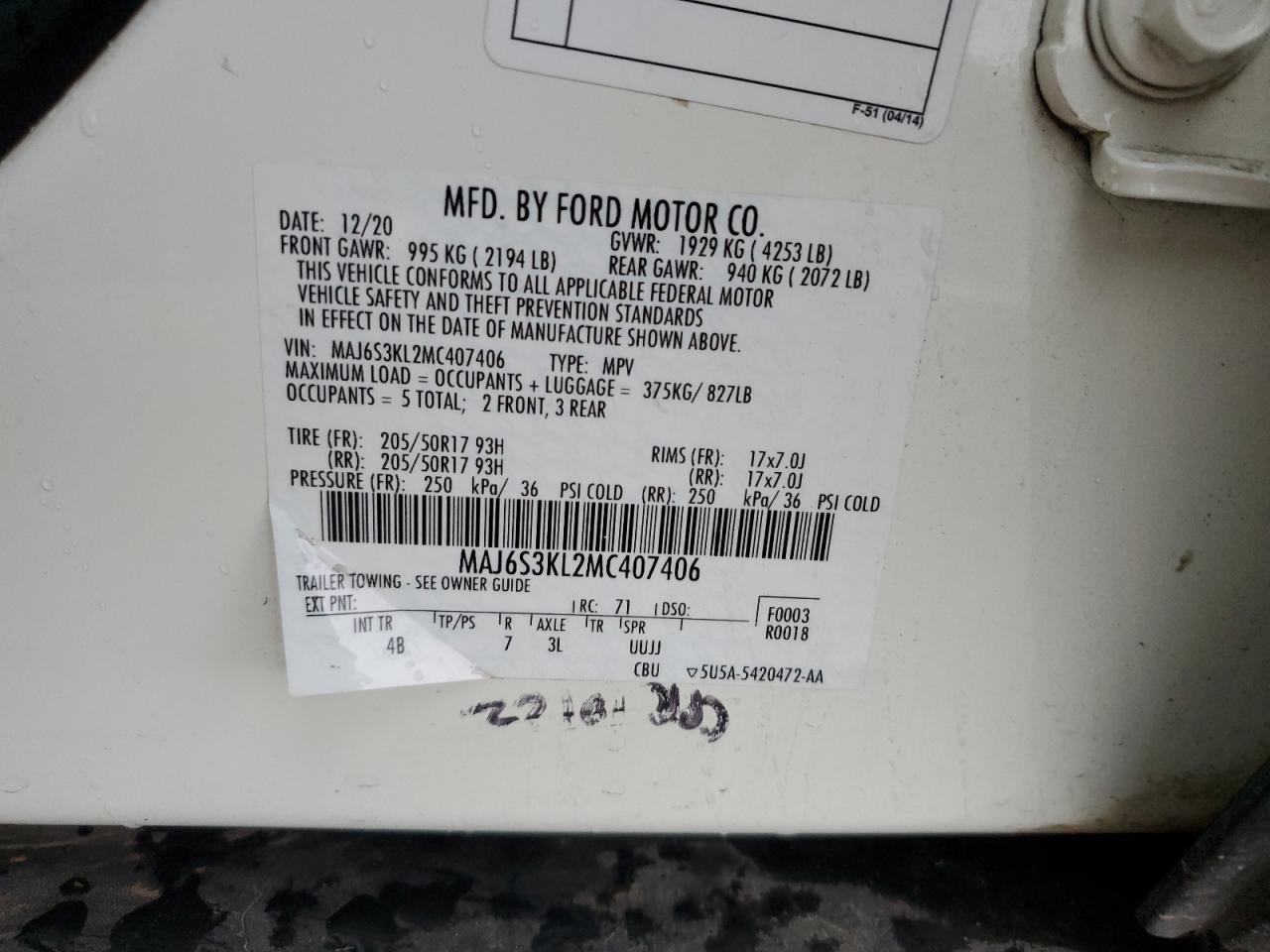 2021 Ford Ecosport Titanium VIN: MAJ6S3KL2MC407406 Lot: 93840055