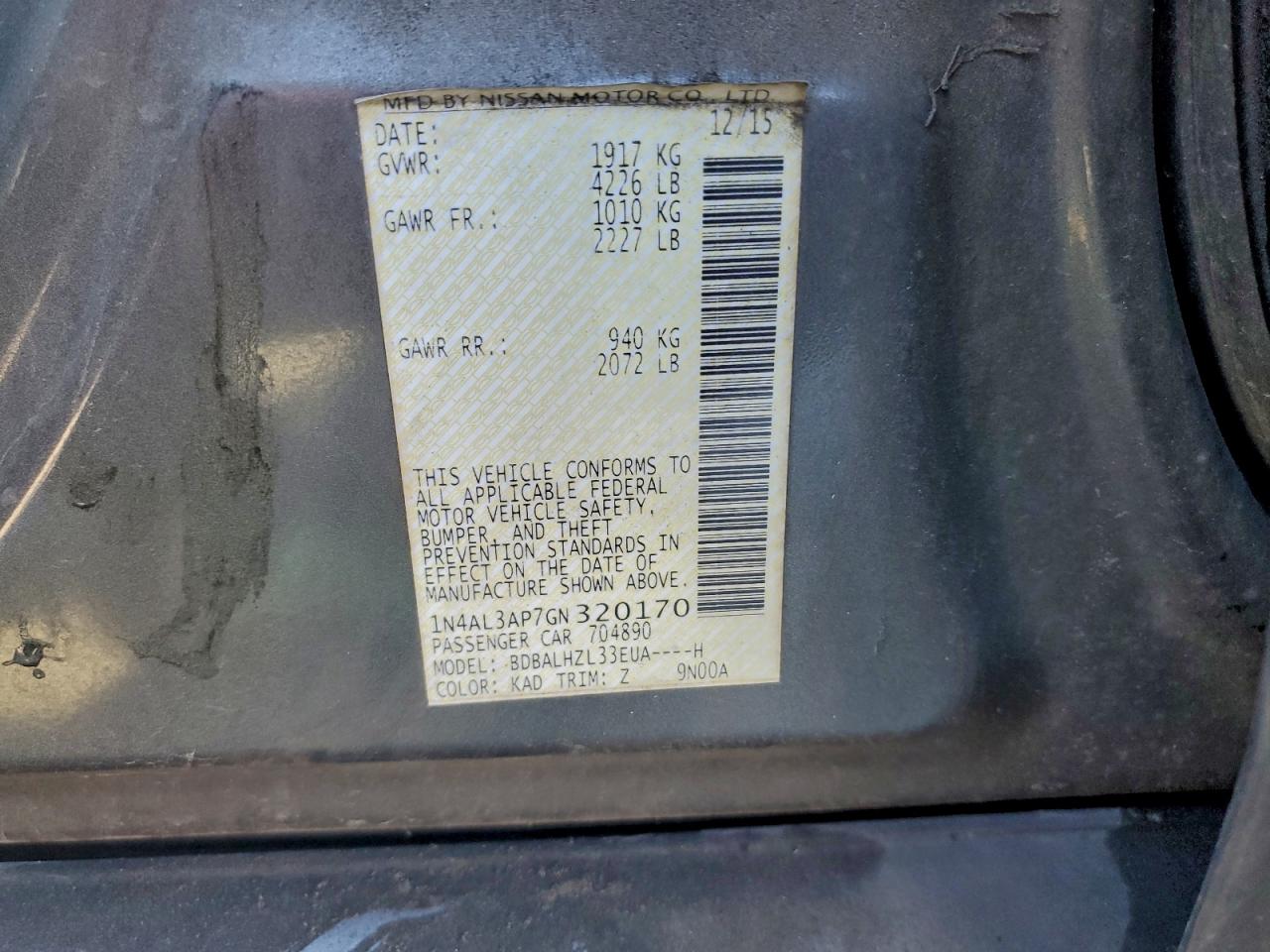 2016 Nissan Altima 2.5 VIN: 1N4AL3AP7GN320170 Lot: 93913665