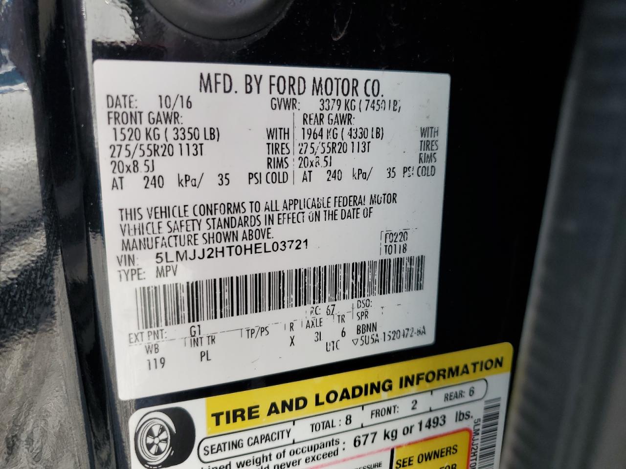 2017 Lincoln Navigator Select VIN: 5LMJJ2HT0HEL03721 Lot: 91257465