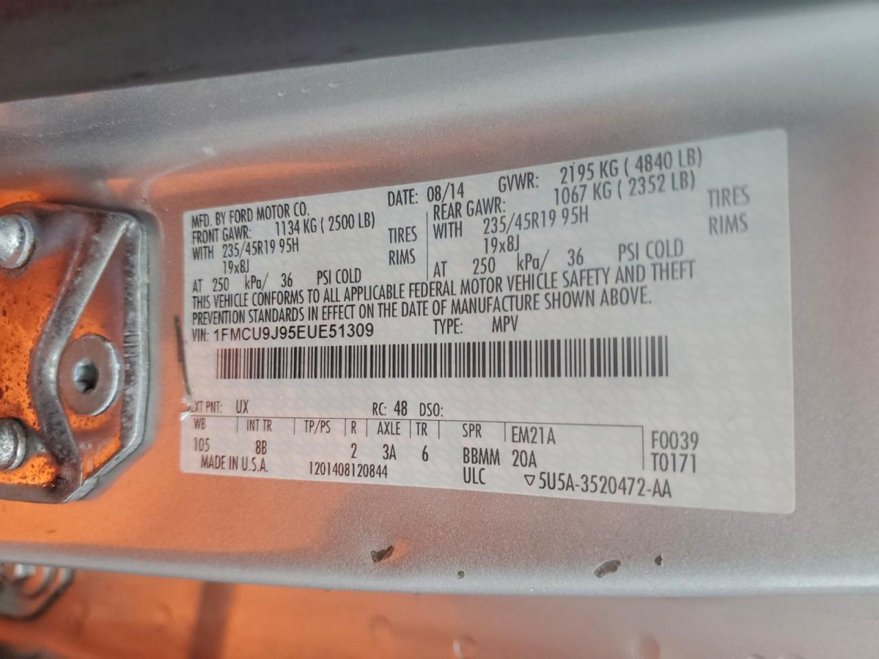 2014 Ford Escape Titanium VIN: 1FMCU9J95EUE51309 Lot: 94430225