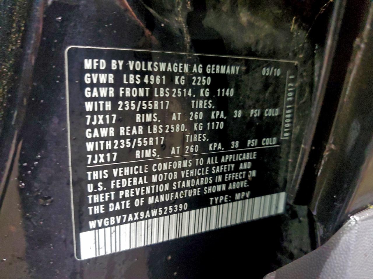 2010 Volkswagen Tiguan Se VIN: WVGBV7AX9AW525390 Lot: 94445775