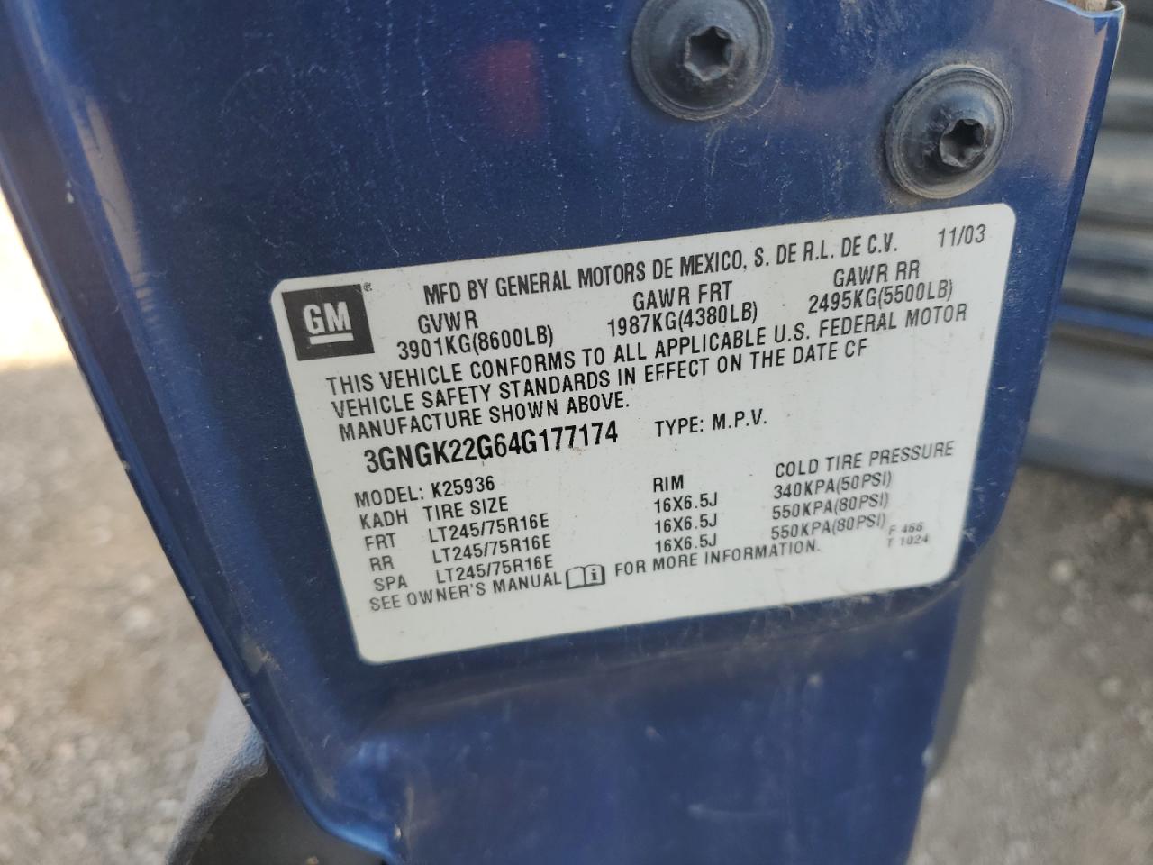 2004 Chevrolet Avalanche K2500 VIN: 3GNGK22G64G177114 Lot: 91575135