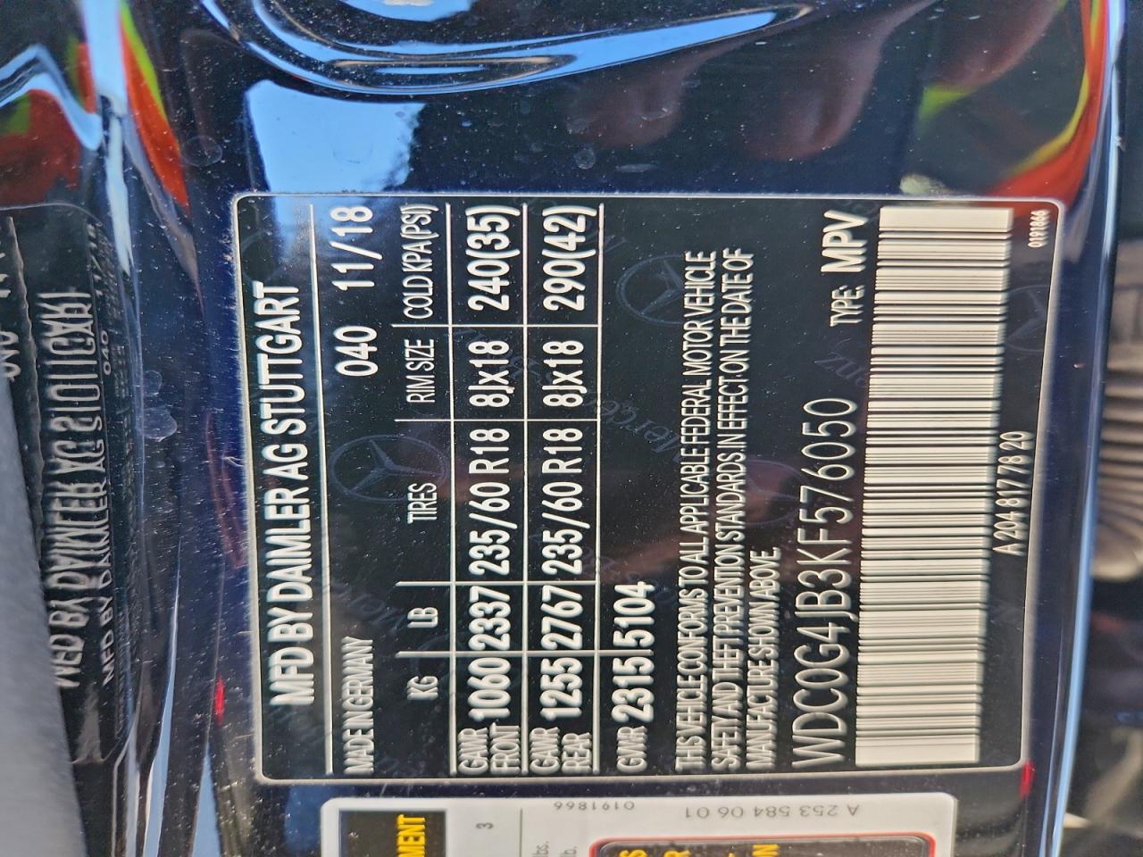 2019 Mercedes-Benz Glc 300 VIN: WDC0G4JB3KF576050 Lot: 93439995