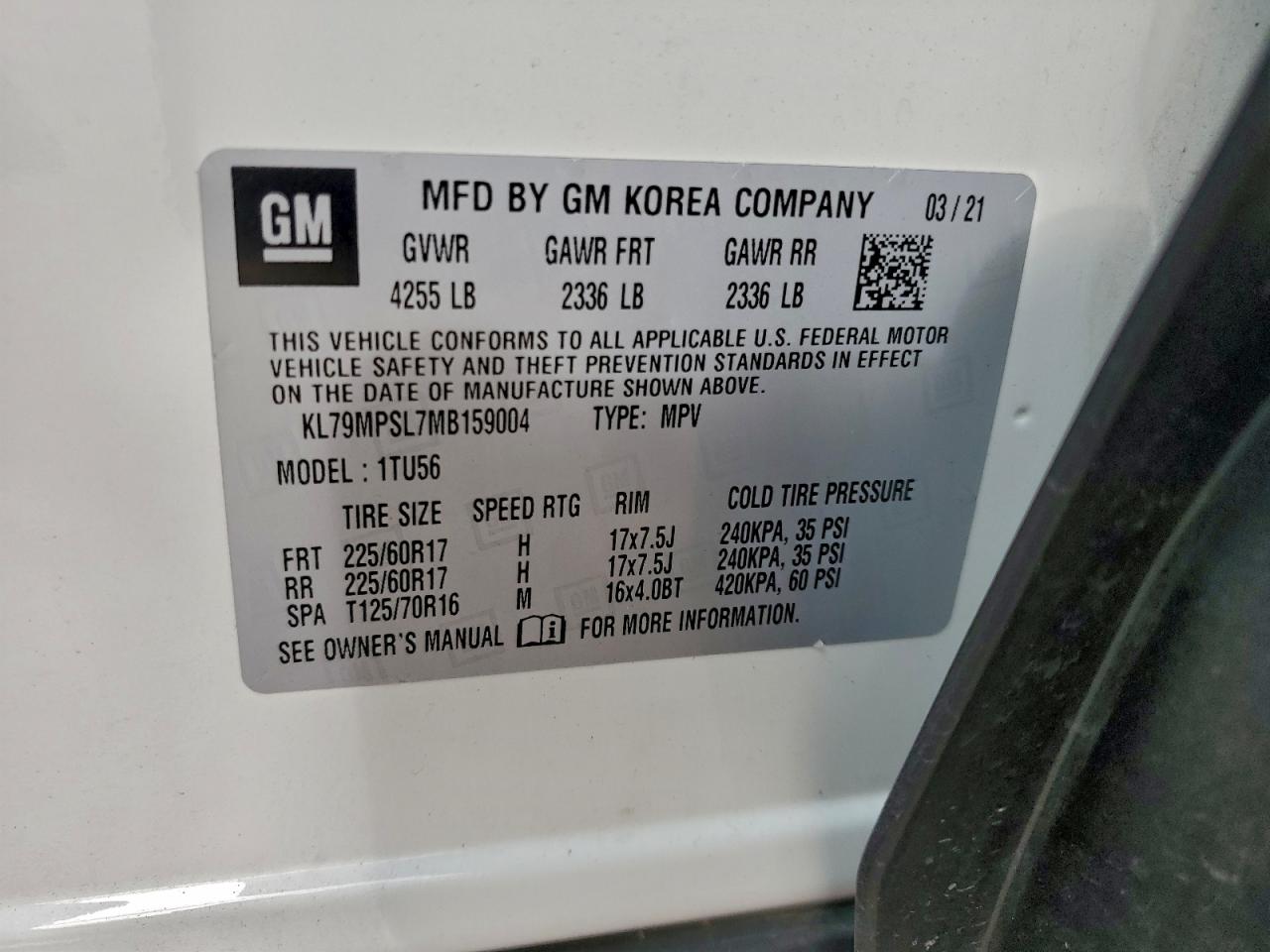 2021 Chevrolet Trailblazer Lt VIN: KL79MPSL7MB159004 Lot: 94129035