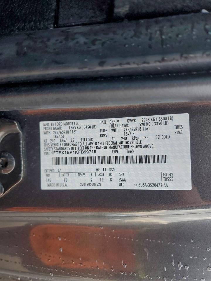 2019 Ford F150 Super Cab VIN: 1FTEX1EP1KFB99718 Lot: 94503045