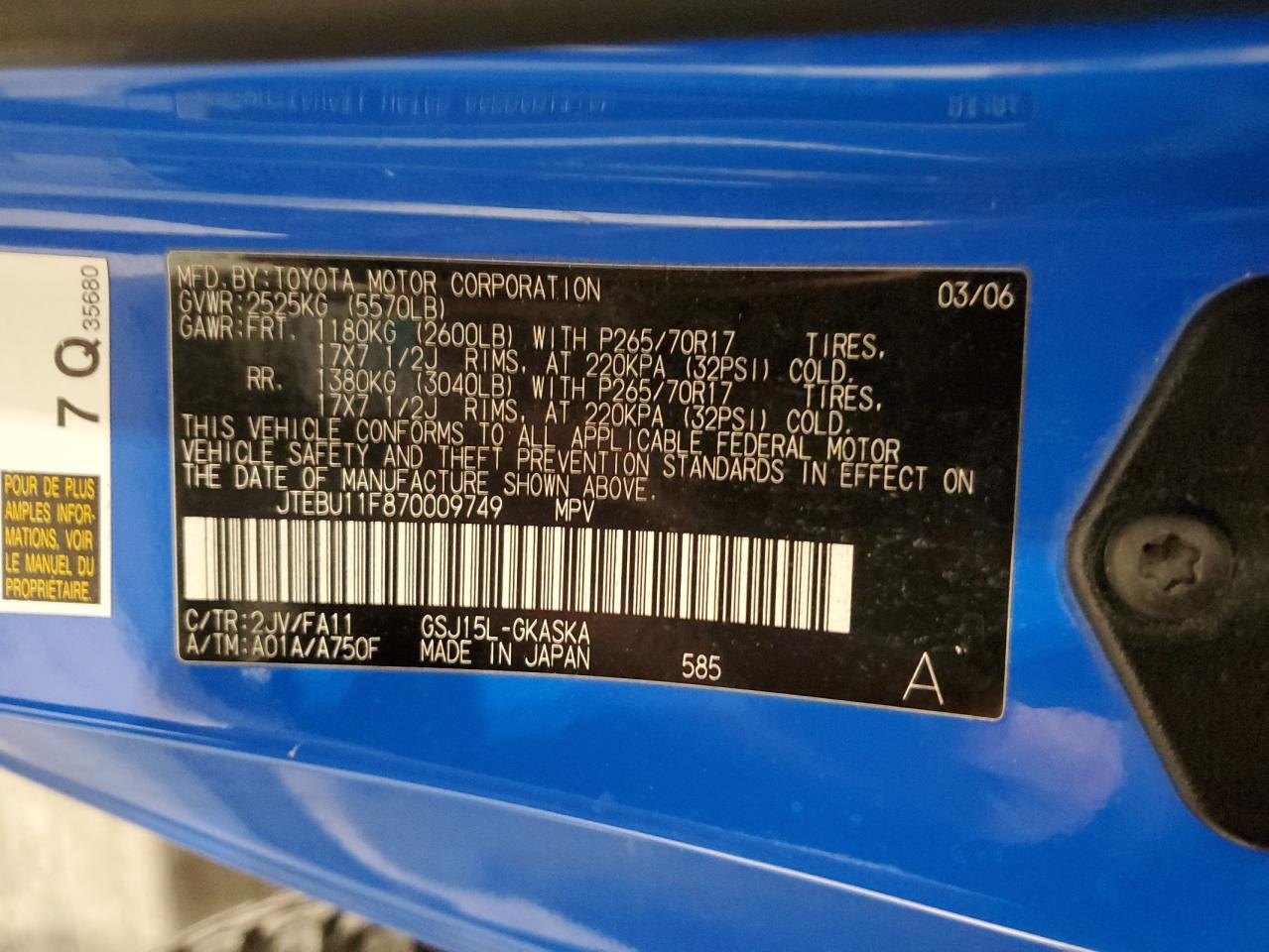 2007 Toyota Fj Cruiser VIN: JTEBU11F870009749 Lot: 87040205