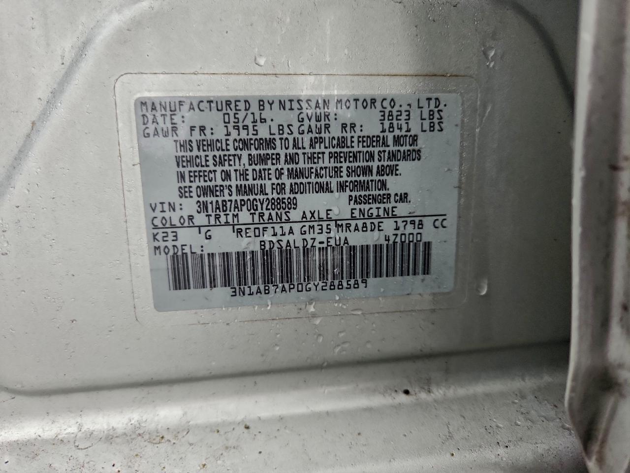 2016 Nissan Sentra S VIN: 3N1AB7AP0GY288589 Lot: 94717705