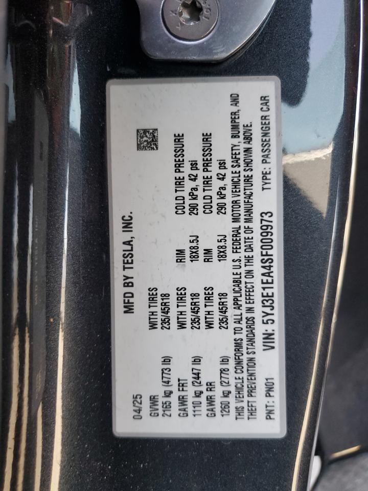 2025 Tesla Model 3 VIN: 5YJ3E1EA4SF009973 Lot: 91483715
