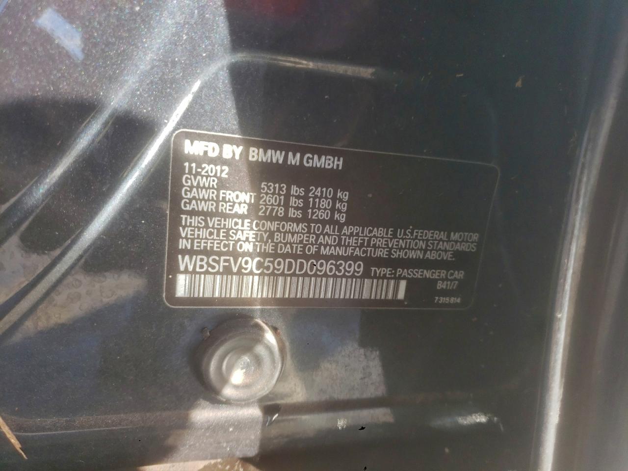 2013 BMW M5 VIN: WBSFV9C59DD096399 Lot: 93856225