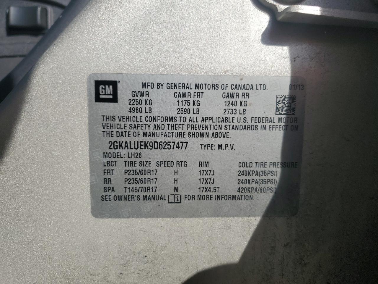 2013 GMC Terrain Slt VIN: 2GKALUEK9D6257477 Lot: 91945105