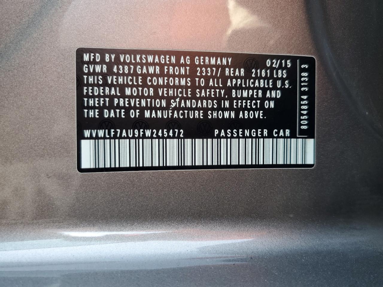 2015 Volkswagen Golf R VIN: WVWLF7AU9FW245472 Lot: 92835005