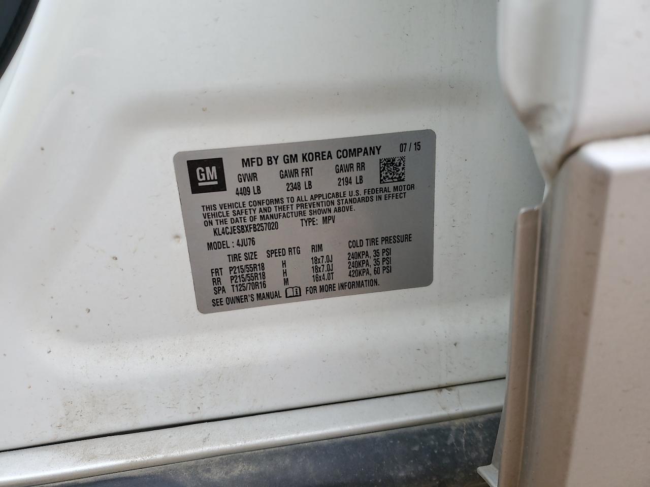 2015 Buick Encore VIN: KL4CJESBXFB257020 Lot: 90231785