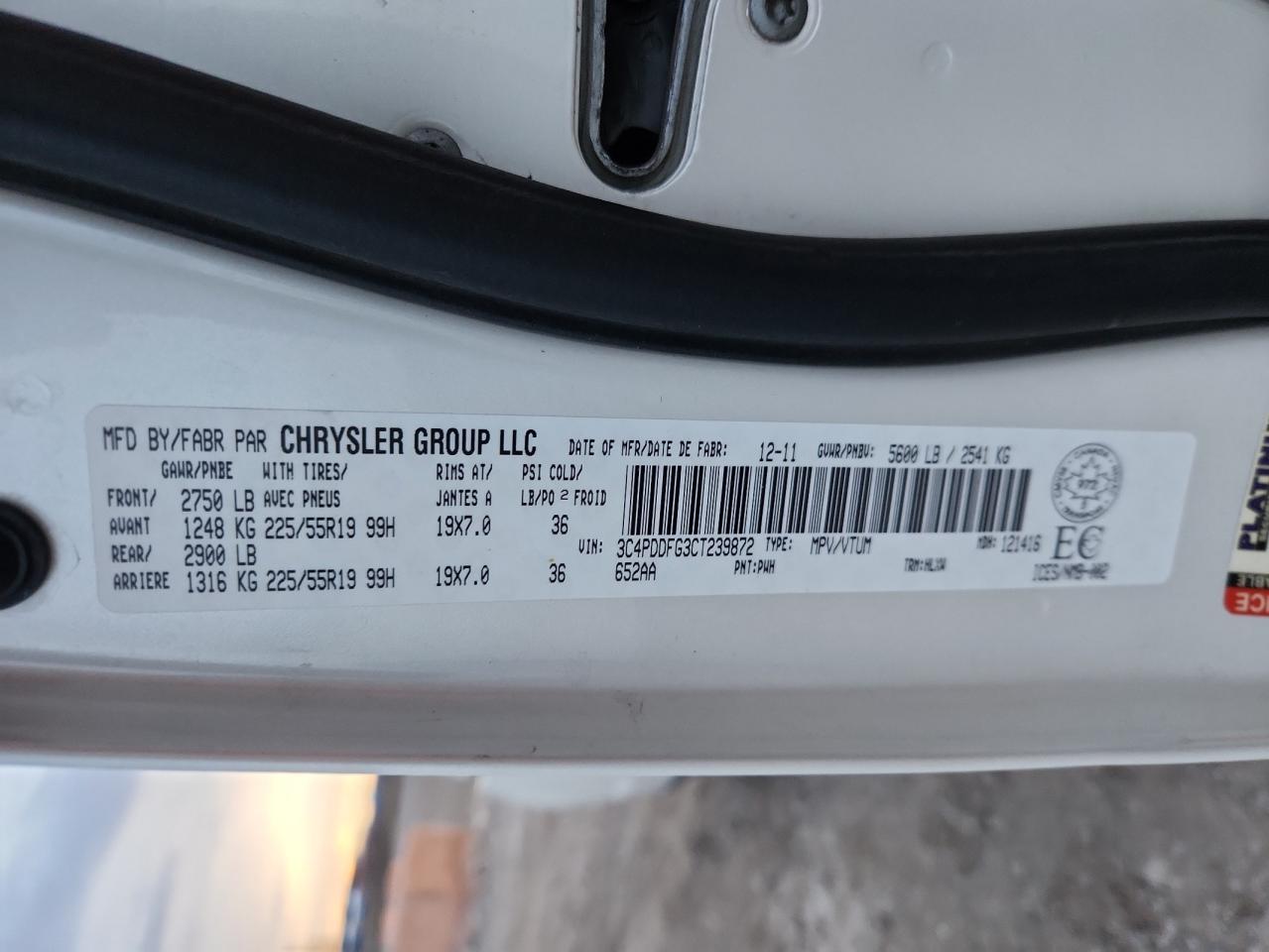 2012 Dodge Journey R/T VIN: 3C4PDDFG3CT239872 Lot: 92233205