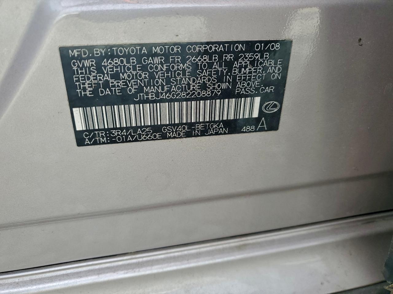 2008 Lexus Es 350 VIN: JTHBJ46G282208879 Lot: 94032605