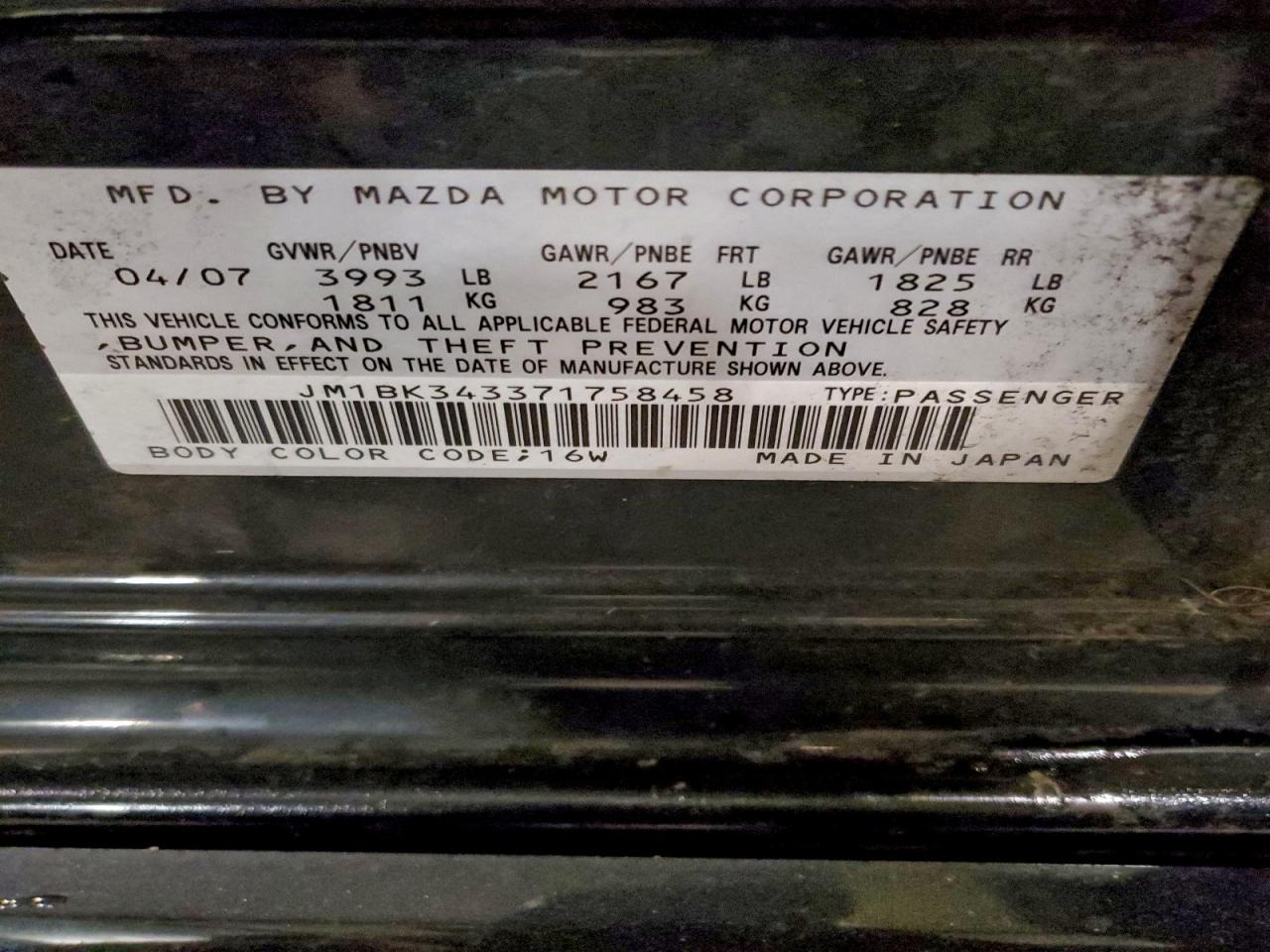 2007 Mazda 3 Hatchback VIN: JM1BK343371758458 Lot: 93741845