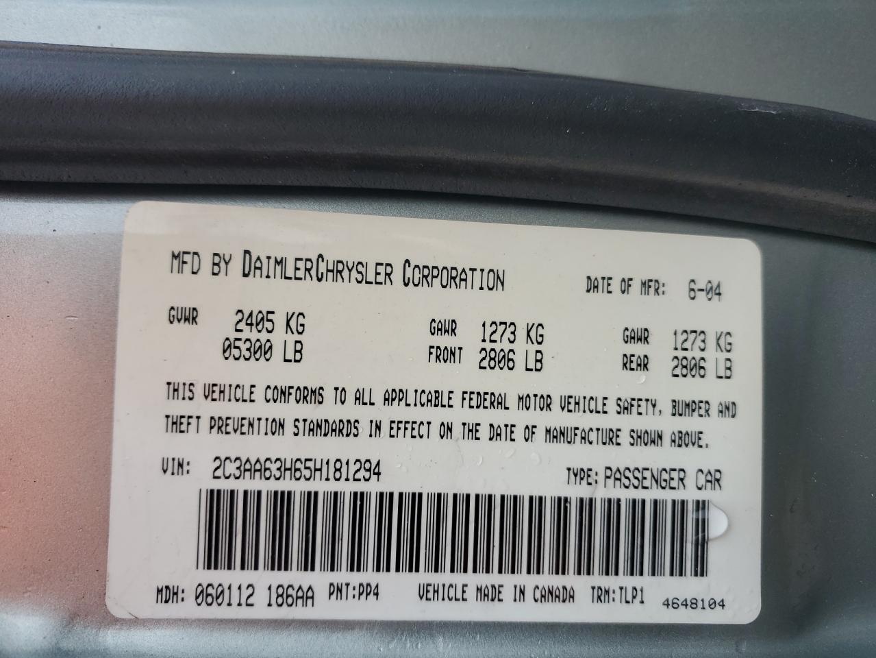 2005 Chrysler 300C VIN: 2C3AA63H65H181294 Lot: 92489365