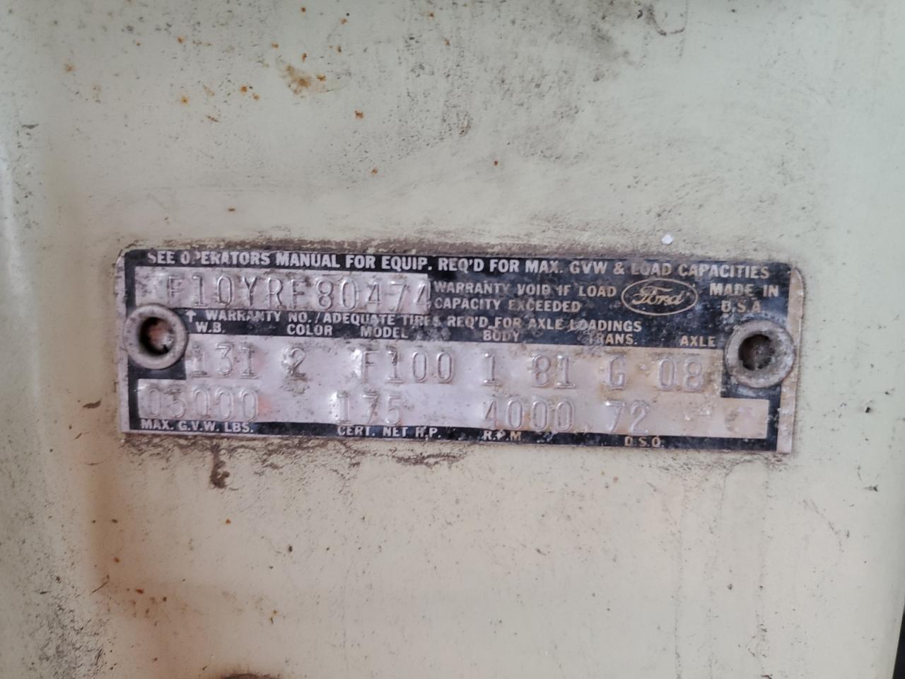 1969 Ford F-150 VIN: F10YRF80474 Lot: 92677805